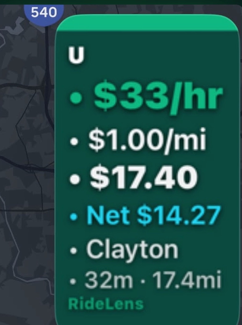 RideLens HUD card graded GREEN: $33/hr, $1.00/mi, $17.40, Net $14.27, 32 min, 17.4 miles to Clayton